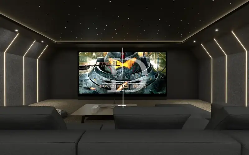 Dark cinema room with a star ceiling, lit wall strips and a large screen