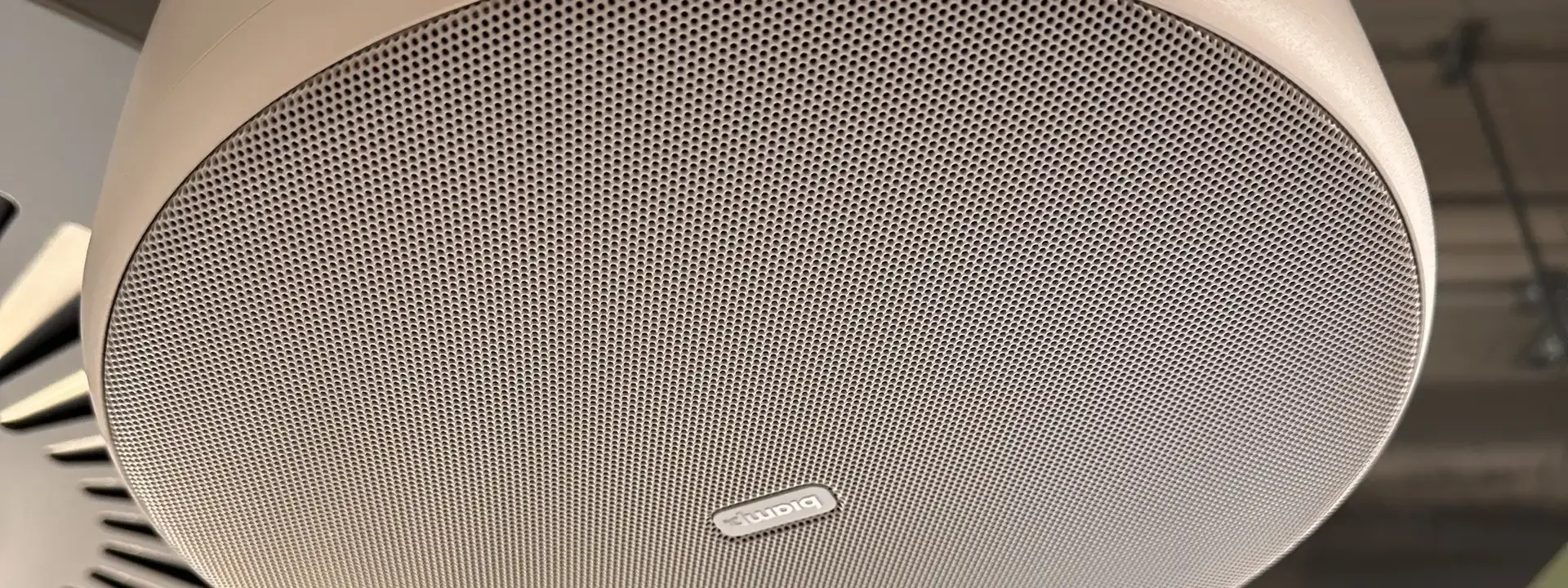 Multi room audio: close view of a white pendant speaker hanging from a ceiling